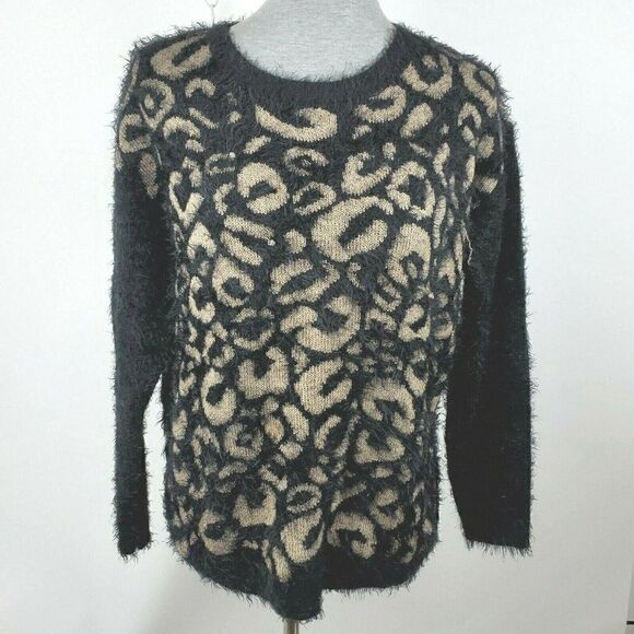 Joseph A Black Gray Fuzzy Shaggy Pullover Leopard Print Sweater Eyelash Knit M - Picture 1 of 6